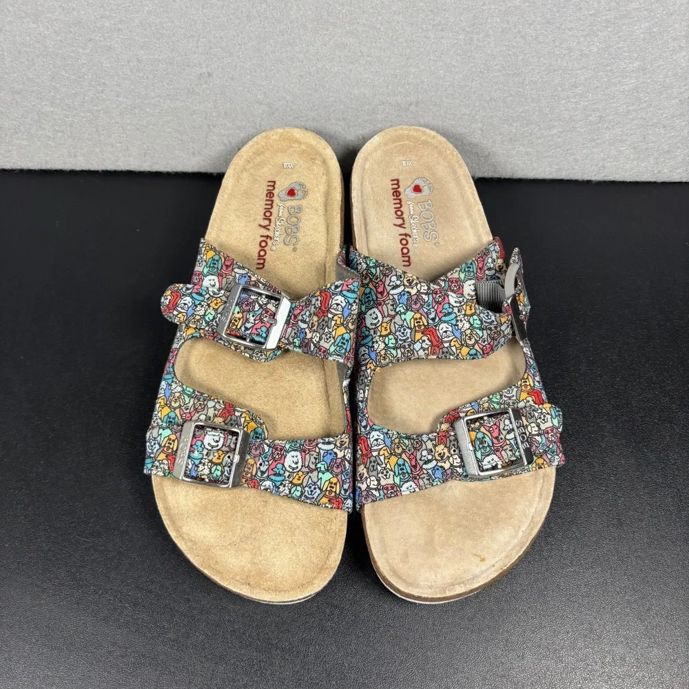 BOBS Skechers Womens 8M Dog Lover Print Memory Foam Comfort Slides Sandals Shoes